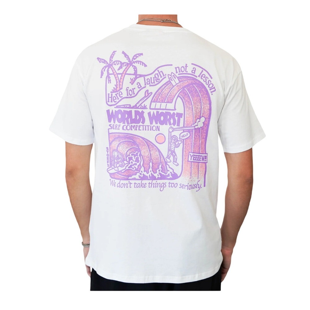 White Short Sleeve Graphic Tee with Lavender Surf Print